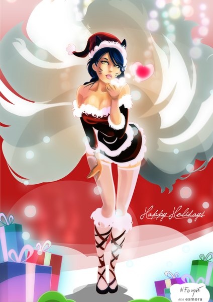 Anime picture 2480x3508 with league of legends ahri (league of legends) nfouque single long hair tall image looking at viewer highres standing bare shoulders animal ears yellow eyes blue hair cat ears alternate costume fur trim facial mark snowing christmas new year
