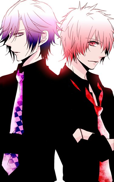 Anime picture 625x1000 with uta no prince-sama a-1 pictures ichinose tokiya ittoki otoya soul brother (artist) tall image fringe short hair simple background red eyes white background purple eyes purple hair red hair hair over one eye multiple boys crossed arms partially open clothes back to back boy