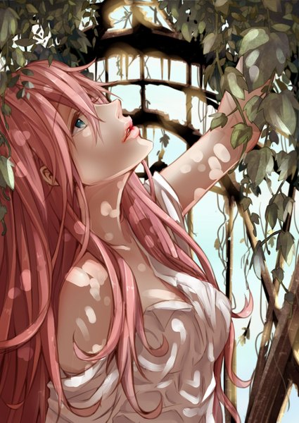 Anime picture 2507x3541 with vocaloid megurine luka masami chie single long hair tall image highres blue eyes pink hair lips looking up girl plant (plants) shirt leaf (leaves)