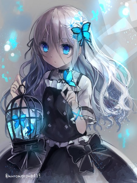 Anime picture 600x800 with original kohaku muro single long hair tall image fringe blue eyes hair between eyes signed looking away silver hair hair flower grey background wavy hair butterfly on hand girl dress hair ornament flower (flowers) choker