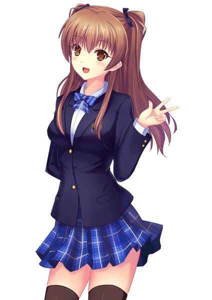 Anime picture 1131x1600 with white album 2 ogiso setsuna dance of eternity single long hair tall image looking at viewer blush open mouth simple background brown hair white background brown eyes zettai ryouiki girl thighhighs uniform black thighhighs school uniform