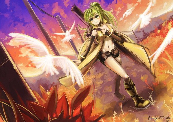 Anime picture 1132x800 with vocaloid sonika projecttiger single long hair smile green eyes signed ponytail green hair evening sunset girl navel animal shorts boots bird (birds) cloak wire (wires)