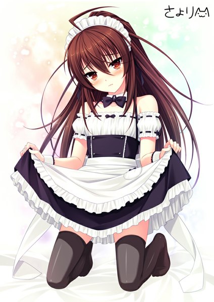 Anime picture 620x877 with love-ressive (game) takaha ryou sayori single long hair tall image looking at viewer blush brown hair bare shoulders brown eyes maid girl thighhighs uniform black thighhighs headdress maid headdress
