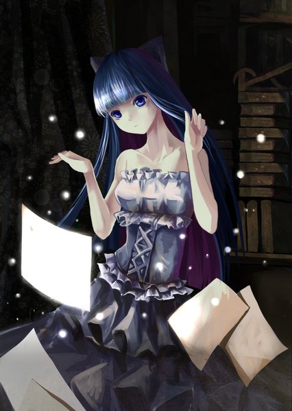 Anime picture 1240x1748 with panty & stocking with garterbelt anarchy stocking e jian long hair tall image purple eyes blue hair multicolored hair two-tone hair colored inner hair girl dress bow hair bow book (books) paper