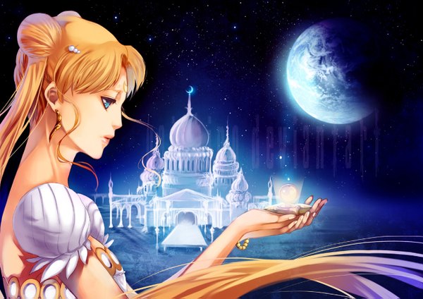 Anime picture 1300x919 with bishoujo senshi sailor moon toei animation tsukino usagi princess serenity yaichino (artist) single long hair blue eyes blonde hair profile girl dress earrings moon castle