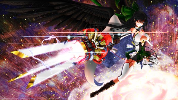Anime picture 1920x1080 with touhou reiuji utsuho single long hair highres breasts black hair smile wide image large breasts starry sky print arm cannon girl dress bow weapon hair bow wings boots