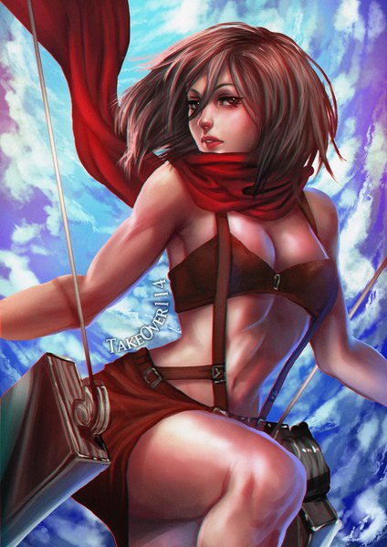 Anime picture 900x1273 with shingeki no kyojin production i.g mikasa ackerman takeover114 single tall image looking at viewer fringe short hair breasts light erotic hair between eyes brown hair brown eyes signed sky cloud (clouds) lipstick red lipstick girl
