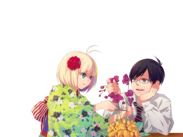 Anime picture 1024x768 with ao no exorcist a-1 pictures okumura yukio moriyama shiemi short hair open mouth blue eyes black hair simple background blonde hair smile white background green eyes traditional clothes hair flower girl boy hair ornament flower (flowers)