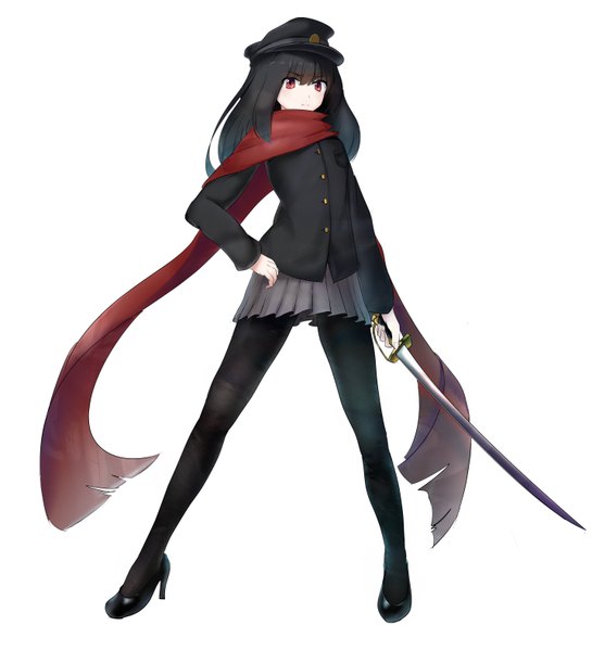 Anime picture 1434x1579 with original divider single long hair tall image looking at viewer fringe black hair simple background red eyes white background pleated skirt high heels girl skirt weapon pantyhose scarf peaked cap epee