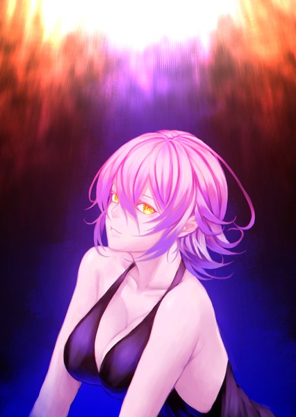 Anime picture 1485x2090 with original mstm single tall image looking at viewer short hair breasts large breasts yellow eyes pink hair cleavage girl dress