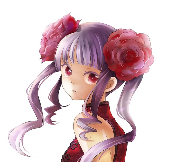 Anime picture 1200x1131 with original sugano manami single long hair fringe simple background red eyes white background twintails payot purple hair hair flower sleeveless chinese clothes girl hair ornament chinese dress