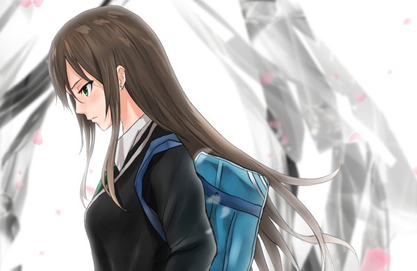 Anime picture 1200x780 with idolmaster idolmaster cinderella girls shibuya rin tanikku single long hair blush fringe breasts brown hair green eyes looking away profile lips close-up thinking girl uniform school uniform earrings