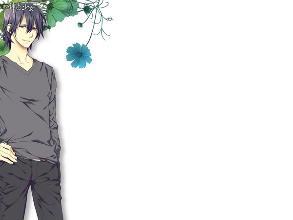 Anime picture 1600x1200 with shinigami to shojo toono touya single short hair black hair white background signed yellow eyes light smile inscription hand on hip hieroglyph boy flower (flowers)