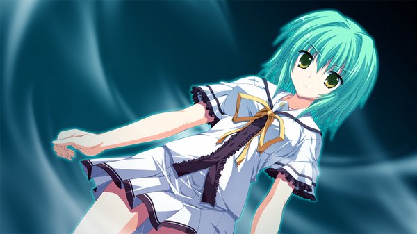 Anime picture 1280x720 with fortissimo//akkord:bsusvier (game) ooba kagerou short hair wide image yellow eyes game cg green hair girl serafuku