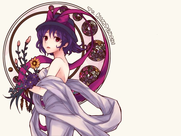 Anime picture 1600x1200 with touhou nagae iku himaya single looking at viewer short hair simple background red eyes white background bare shoulders purple hair alternate costume wallpaper girl dress flower (flowers) hat white dress hat ribbon