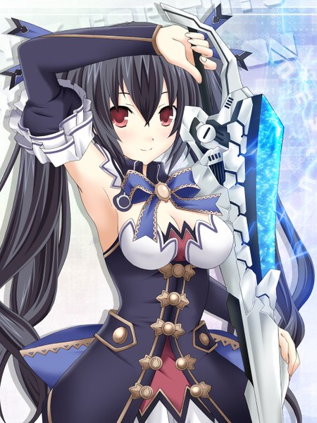 Anime picture 960x1280 with choujigen game neptune noire kagura ittou single long hair tall image looking at viewer blush black hair smile hair between eyes red eyes twintails holding payot cleavage armpit (armpits) girl bow ribbon (ribbons)