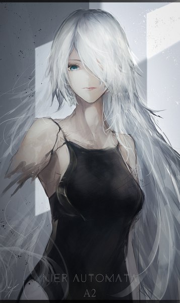 Anime picture 1181x1983 with nier nier:automata yorha type a no. 2 marumoru single long hair tall image looking at viewer fringe breasts blue eyes simple background standing silver hair upper body hair over one eye copyright name character names lipstick letterboxed