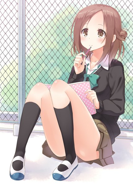 Anime picture 800x1122 with isshuukan friends brains base (studio) fujimiya kaori hyuuga azuri single tall image blush short hair brown hair sitting brown eyes looking up girl uniform school uniform socks black socks sweater