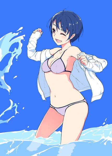 Anime picture 858x1200 with original hi iro single tall image blush short hair breasts open mouth light erotic red eyes blue hair looking away sky one eye closed sideboob partially submerged girl swimsuit bikini water