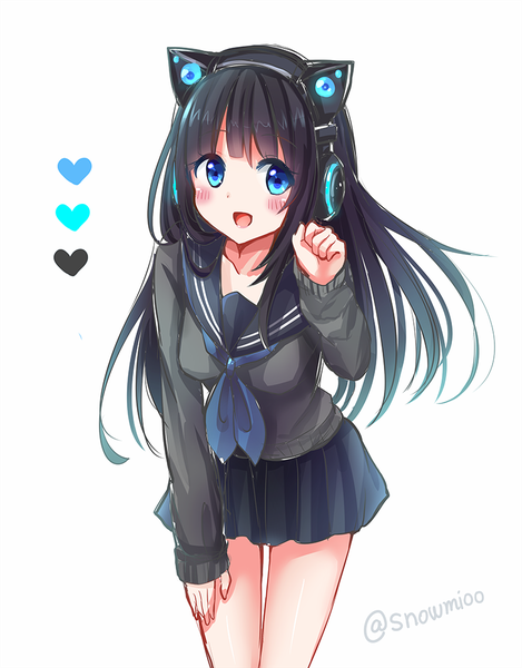 Anime picture 782x1000 with original axent wear headphones snowmi single long hair tall image looking at viewer blush fringe open mouth black hair white background animal ears pleated skirt cat ears leaning leaning forward fake animal ears girl skirt