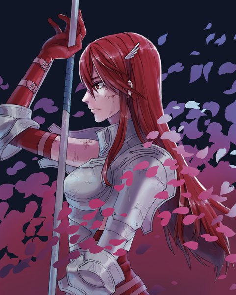 Anime picture 2424x3020 with fire emblem fire emblem awakening cordelia (fire emblem) kawasemi (bw 77) single long hair tall image fringe highres hair between eyes red eyes looking away upper body red hair profile black background blood on face injury cuts girl