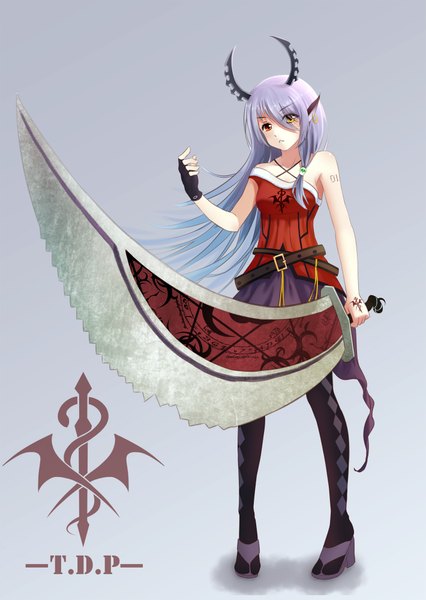 Anime picture 1420x2000 with original pixiv fantasia reki (lichk) single long hair tall image looking at viewer bare shoulders silver hair horn (horns) pointy ears grey background heterochromia girl dress gloves weapon fingerless gloves huge weapon huge sword