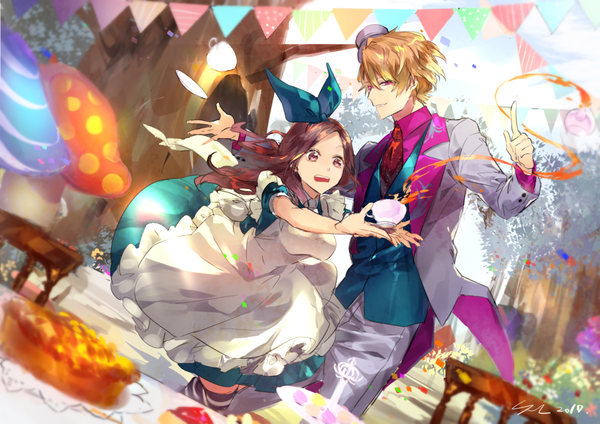 Anime picture 1414x1000 with alice in wonderland a3! tachibana izumi (a3!) chigasaki itaru anno meiji suz long hair fringe short hair open mouth blonde hair hair between eyes brown hair brown eyes pink eyes outstretched arm magic falling girl thighhighs