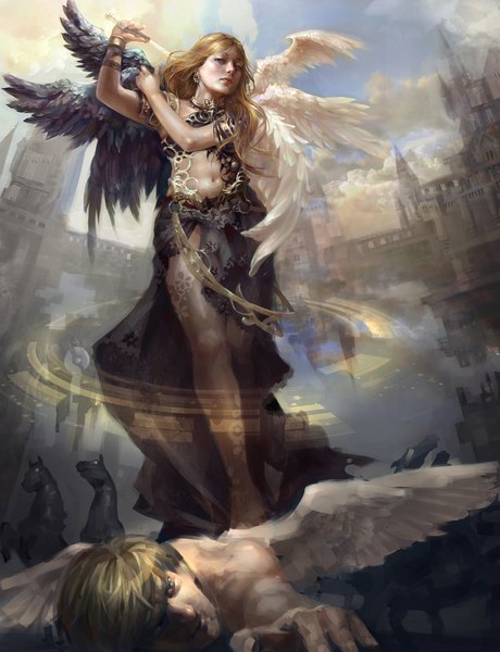 Anime picture 1701x2216 with original 2966441886 (artist) long hair tall image looking at viewer highres blue eyes blonde hair standing bare shoulders sky cloud (clouds) lying bare belly bare legs black wings white wings girl boy wings