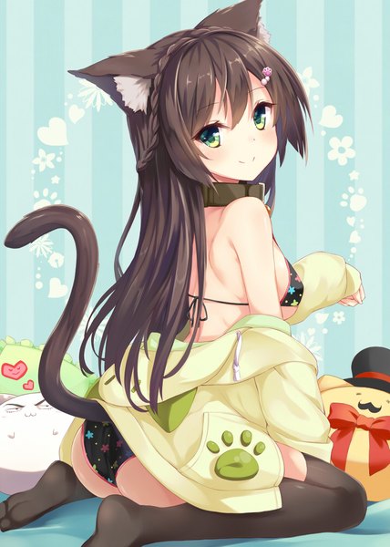 Anime picture 714x1000 with original takehana note single long hair tall image looking at viewer blush fringe breasts light erotic black hair smile large breasts sitting green eyes animal ears yellow eyes bent knee (knees) ass tail