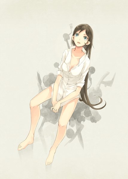 Anime picture 1500x2100 with original tomaeda (bravered) single long hair tall image open mouth simple background brown hair sitting barefoot aqua eyes bare legs naked shirt girl shirt