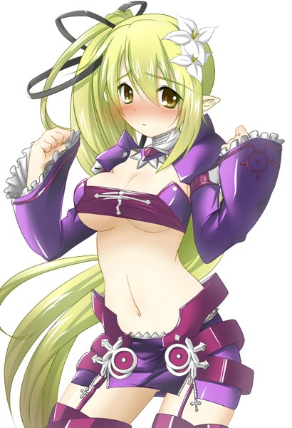 Anime picture 1024x1500 with elsword rena erindel wind sneaker (elsword) marimorn single tall image looking at viewer blush breasts light erotic blonde hair simple background large breasts white background green eyes ponytail very long hair hair flower green hair pointy ears