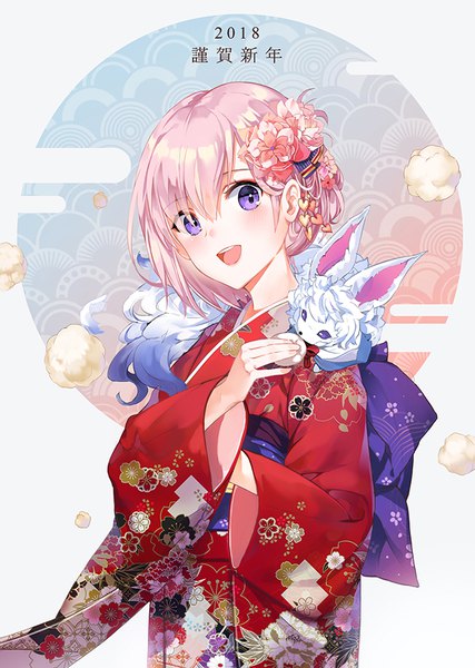 Anime picture 650x914 with fate (series) fate/grand order mash kyrielight fou (fate) emyo single tall image blush fringe short hair open mouth smile hair between eyes purple eyes holding looking away pink hair upper body long sleeves traditional clothes