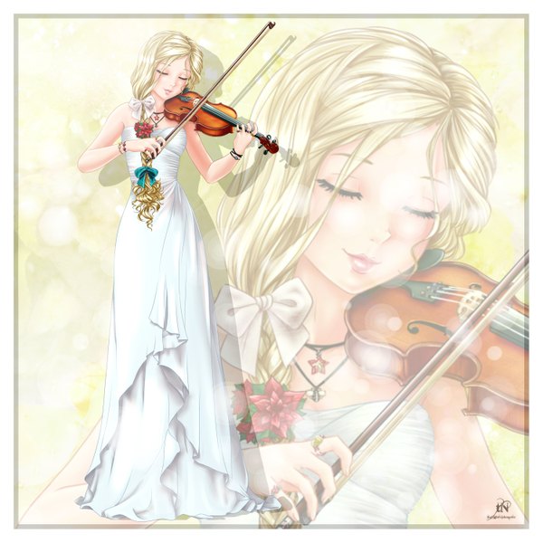 Anime picture 3000x3000 with original martina (thenightwishmaster) thenightwishmaster single long hair blush highres blonde hair eyes closed lips zoom layer girl dress white dress musical instrument violin bow (instrument)