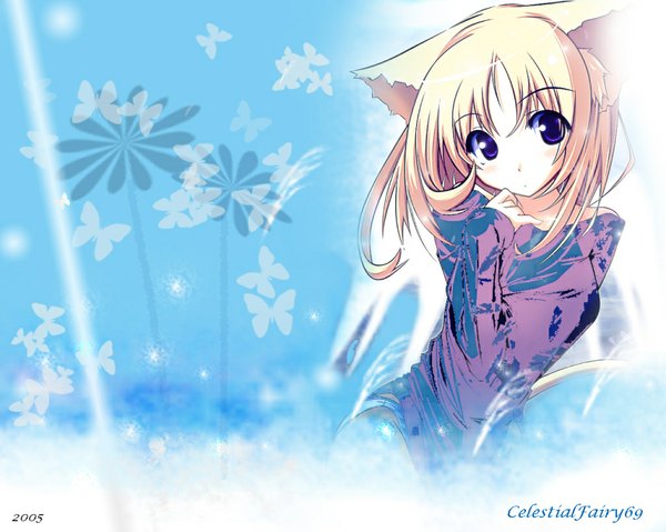 Anime picture 1024x819 with original shingo (missing link) blush short hair blonde hair purple eyes animal ears cat ears cat girl wallpaper blue background girl insect butterfly