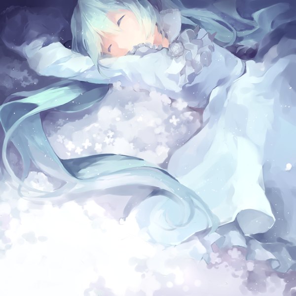 Anime picture 1748x1748 with vocaloid hatsune miku mikuru rumisora single long hair highres twintails lying eyes closed aqua hair sleeping girl dress flower (flowers) blue dress