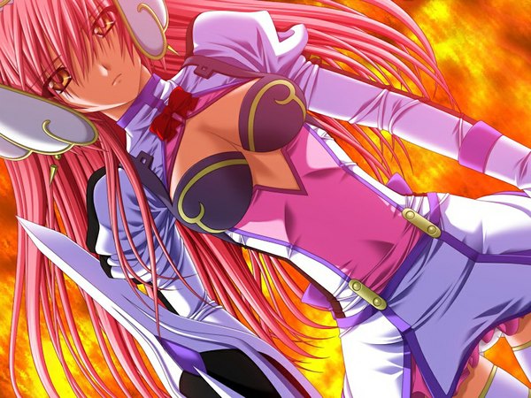 Anime picture 1024x768 with kourin tenshi en ciel rena (game) light erotic yellow eyes pink hair game cg girl