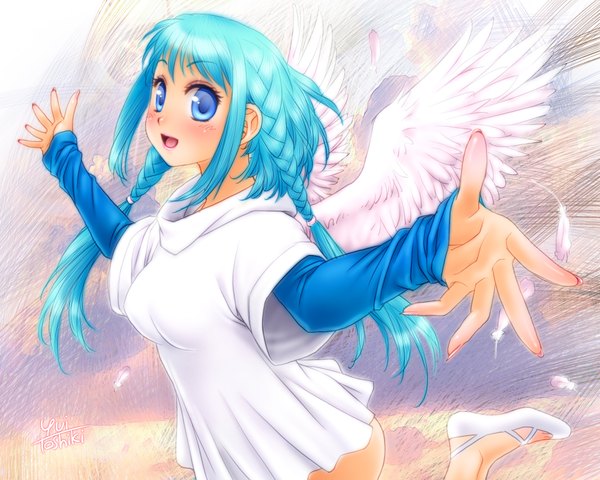 Anime picture 2000x1600 with original toshiki yui single long hair blush highres open mouth blue eyes blue hair braid (braids) :d twin braids spread arms angel wings girl wings feather (feathers)
