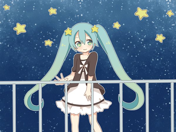 Anime picture 1024x768 with vocaloid hatsune miku kuroton@9610 single long hair smile twintails green eyes aqua hair night tears girl dress hair ornament star (symbol) star hair ornament