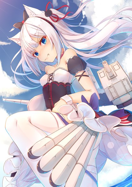 Anime picture 1414x2000 with azur lane hammann (azur lane) if (asita) single long hair tall image looking at viewer blush fringe blue eyes light erotic bare shoulders animal ears sky cloud (clouds) bent knee (knees) ass outdoors white hair sunlight