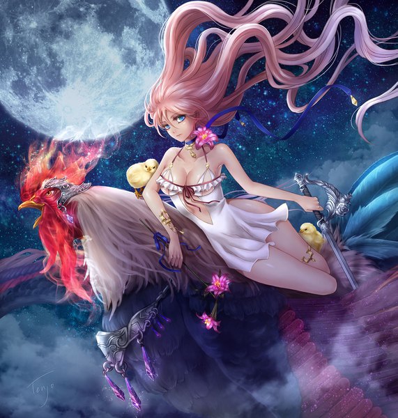 Anime picture 1427x1500 with original tenjo tall image looking at viewer fringe blue eyes light erotic hair between eyes signed pink hair sky cleavage bent knee (knees) very long hair night sparkle night sky floating hair side slit reclining