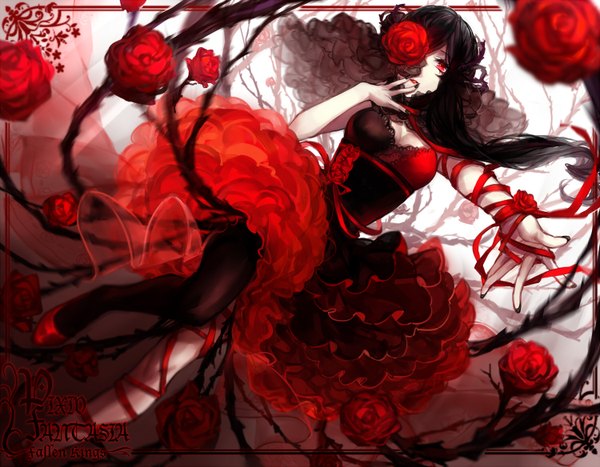 Anime picture 1500x1168 with original pixiv fantasia pixiv fantasia fallen kings imi fumei single long hair looking at viewer breasts black hair red eyes standing nail polish fingernails long fingernails black nail polish girl thighhighs dress flower (flowers) ribbon (ribbons)