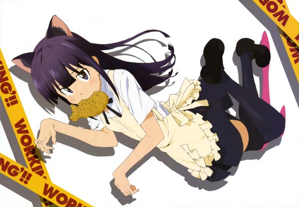 Anime picture 5888x4078 with working!! a-1 pictures yamada aoi single long hair highres blue eyes animal ears absurdres purple hair full body cat ears shadow eating girl thighhighs skirt black thighhighs miniskirt shirt