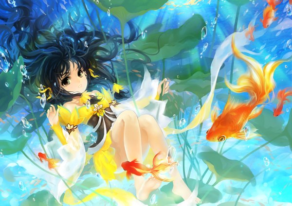 Anime picture 1697x1200 with original huazha01 single long hair looking at viewer black hair bare shoulders barefoot black eyes legs underwater girl dress underwear detached sleeves bubble (bubbles) fish (fishes)