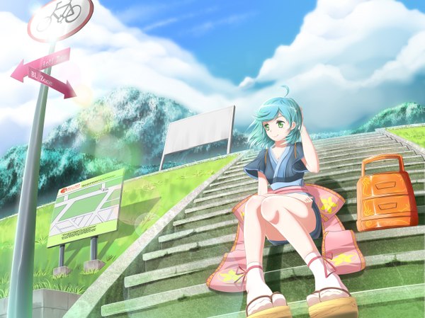 Anime picture 2801x2100 with original brianchan.t.w single highres short hair smile green eyes sky cloud (clouds) ahoge wind sunlight aqua hair adjusting hair mountain sunbeam girl socks belt white socks