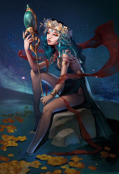 Anime picture 618x903 with bishoujo senshi sailor moon toei animation kaiou michiru sailor neptune michael okey single long hair tall image sitting holding looking away bent knee (knees) aqua eyes wind lips aqua hair night night sky wavy hair soaking feet