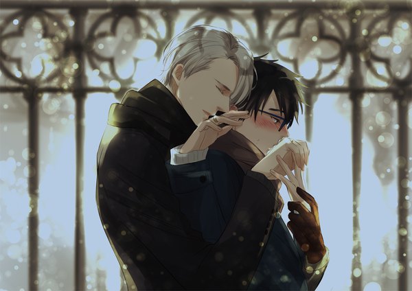 Anime picture 1169x827 with yuri!!! on ice mappa viktor nikiforov katsuki yuuri ishida kaname blush short hair black hair silver hair upper body eyes closed profile blurry multiple boys embarrassed kiss shounen ai hand kiss boy glasses