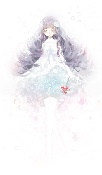 Anime picture 1046x1798 with original miemia single long hair tall image simple background smile standing white background purple hair eyes closed hair flower drill hair girl dress hair ornament flower (flowers) white dress rose (roses) bubble (bubbles)