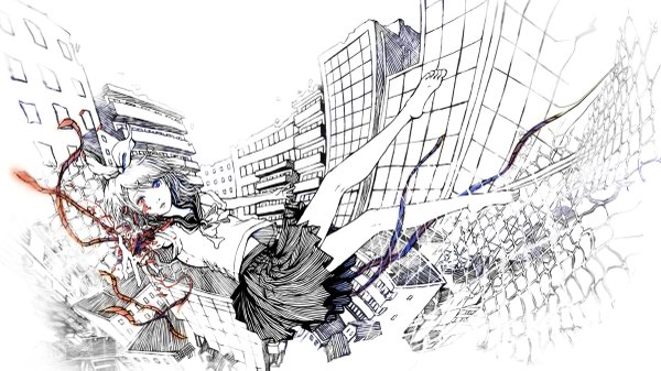 Anime picture 1200x675 with vocaloid kagamine rin yokan ko (artist) single looking at viewer short hair blue eyes red eyes wide image white hair pleated skirt barefoot heterochromia monochrome falling spot color girl skirt uniform hair ornament