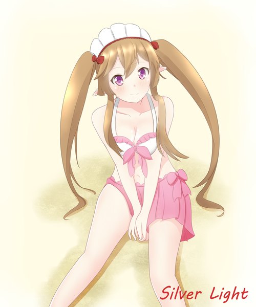 Anime picture 2500x3000 with outbreak company feel (studio) myucel foalan silver light single long hair tall image looking at viewer blush highres light erotic smile brown hair sitting twintails purple eyes bare shoulders signed cleavage pointy ears