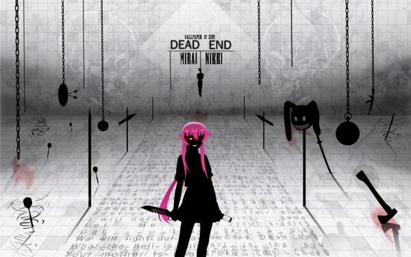 Anime picture 2560x1600 with mirai nikki gasai yuno single long hair fringe highres smile wide image standing holding pink hair glowing glowing eye (eyes) crazy smile crazy girl skirt weapon shirt chain